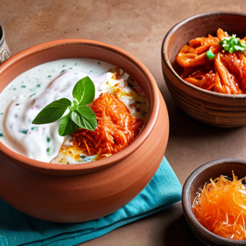 Home 15 **A vibrant and colorful spread of probiotic-rich foods popular in Bengal. Include dahi (yogurt) in a clay pot, kimchi in a small bowl, and a glass of kombucha with visible fizz. Focus on fresh, natural ingredients and healthy eating.**