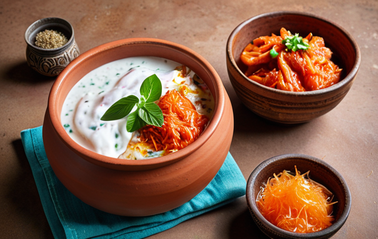 **A vibrant and colorful spread of probiotic-rich foods popular in Bengal. Include dahi (yogurt) in a clay pot, kimchi in a small bowl, and a glass of kombucha with visible fizz. Focus on fresh, natural ingredients and healthy eating.**