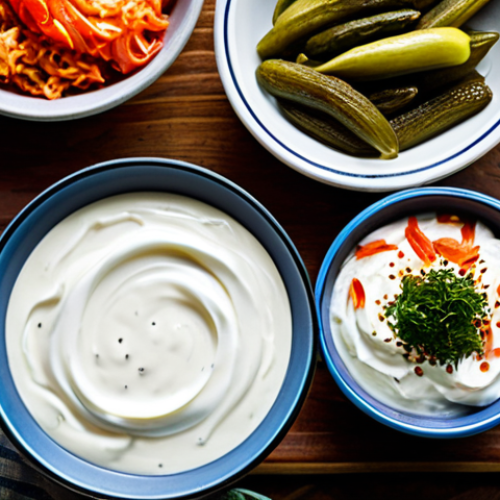 Home 14 **
"A spread of probiotic-rich foods, including a bowl of creamy yogurt, a jar of homemade-style pickle, and a colorful dish of Kimchi, arranged on a rustic wooden table. Safe for work, appropriate content, fully clothed food items, professional food photography, high quality, family-friendly."
**