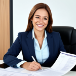 **

A professional businesswoman in a modest business suit, sitting at a desk in a modern office. She is smiling confidently while reviewing documents. Fully clothed, appropriate attire, safe for work, perfect anatomy, natural proportions, professional photography, high quality, family-friendly. The office background should be clean and bright.

**