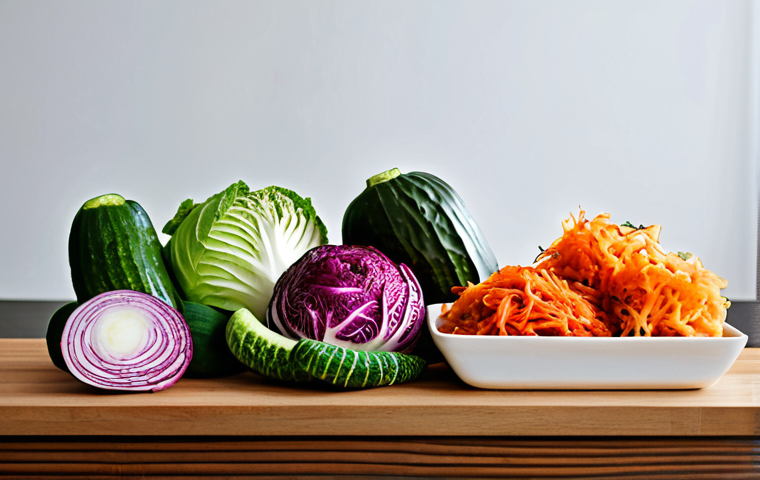 김치의 프로바이오틱스 양과 효과 - **
"A family-friendly scene depicting a variety of colorful kimchi (cabbage, radish, cucumber) disp...