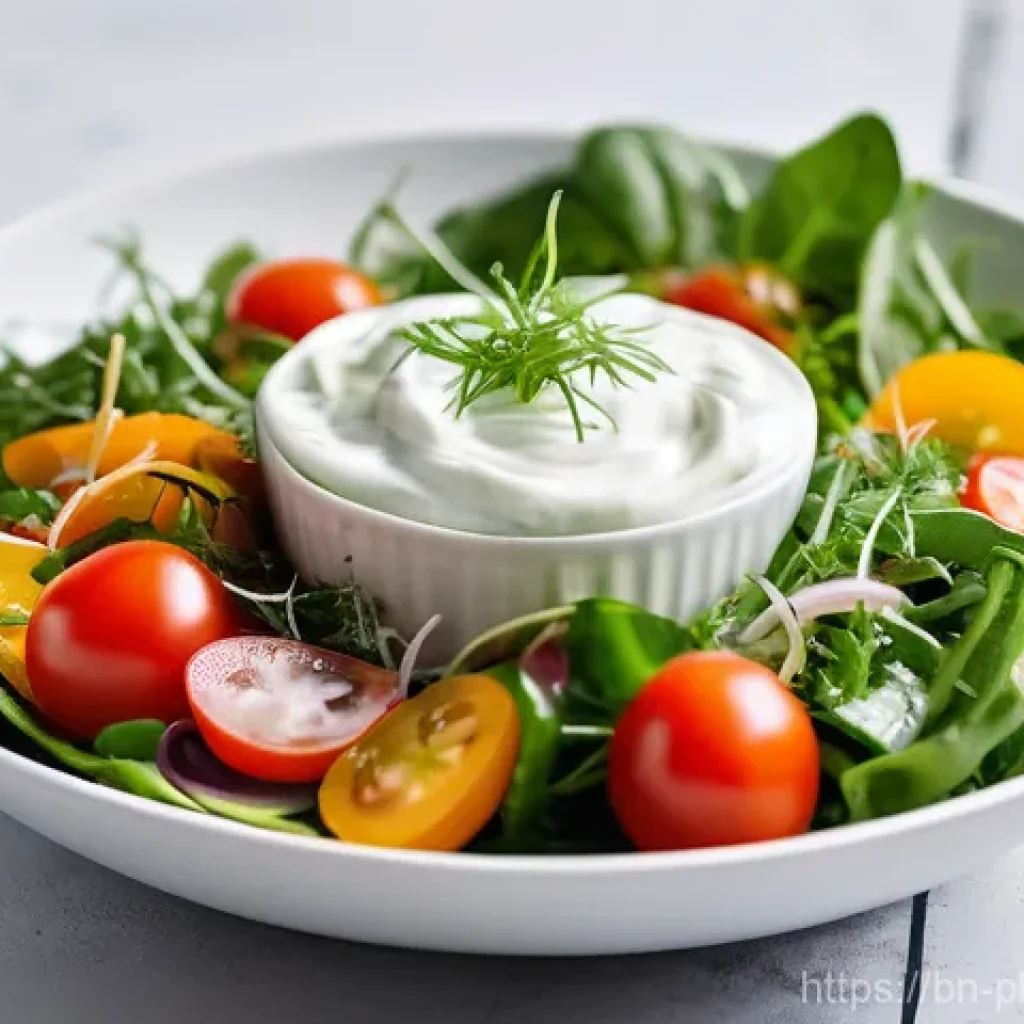 프로바이오틱스를 포함한 샐러드 레시피 - A vibrant, close-up shot of a beautifully arranged probiotic salad in a clean, white bowl. The salad...