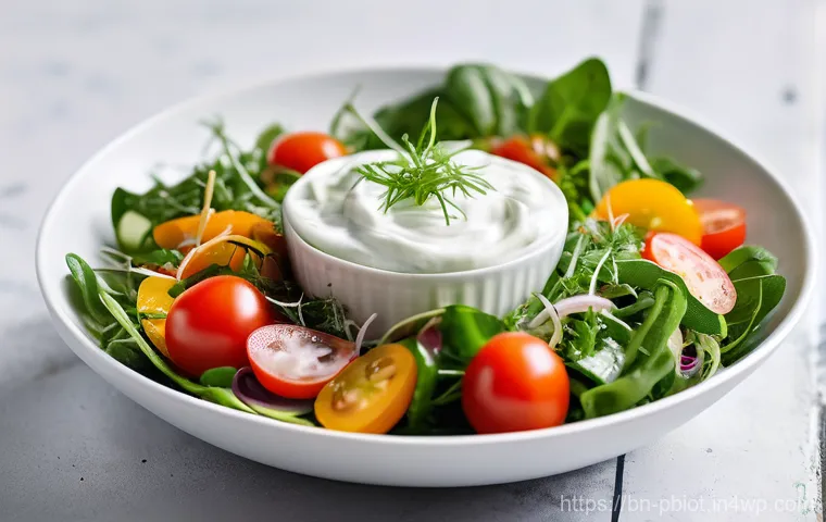 프로바이오틱스를 포함한 샐러드 레시피 - A vibrant, close-up shot of a beautifully arranged probiotic salad in a clean, white bowl. The salad...