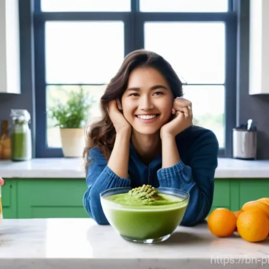 프로바이오틱스 음식의 글로벌 트렌드 - **Prompt:** A vibrant and cheerful young woman, approximately 25 years old, with healthy, glowing sk...