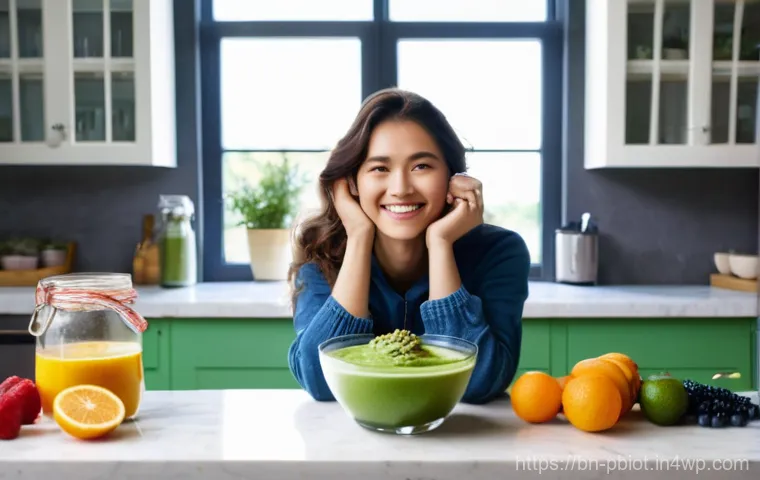 프로바이오틱스 음식의 글로벌 트렌드 - **Prompt:** A vibrant and cheerful young woman, approximately 25 years old, with healthy, glowing sk...