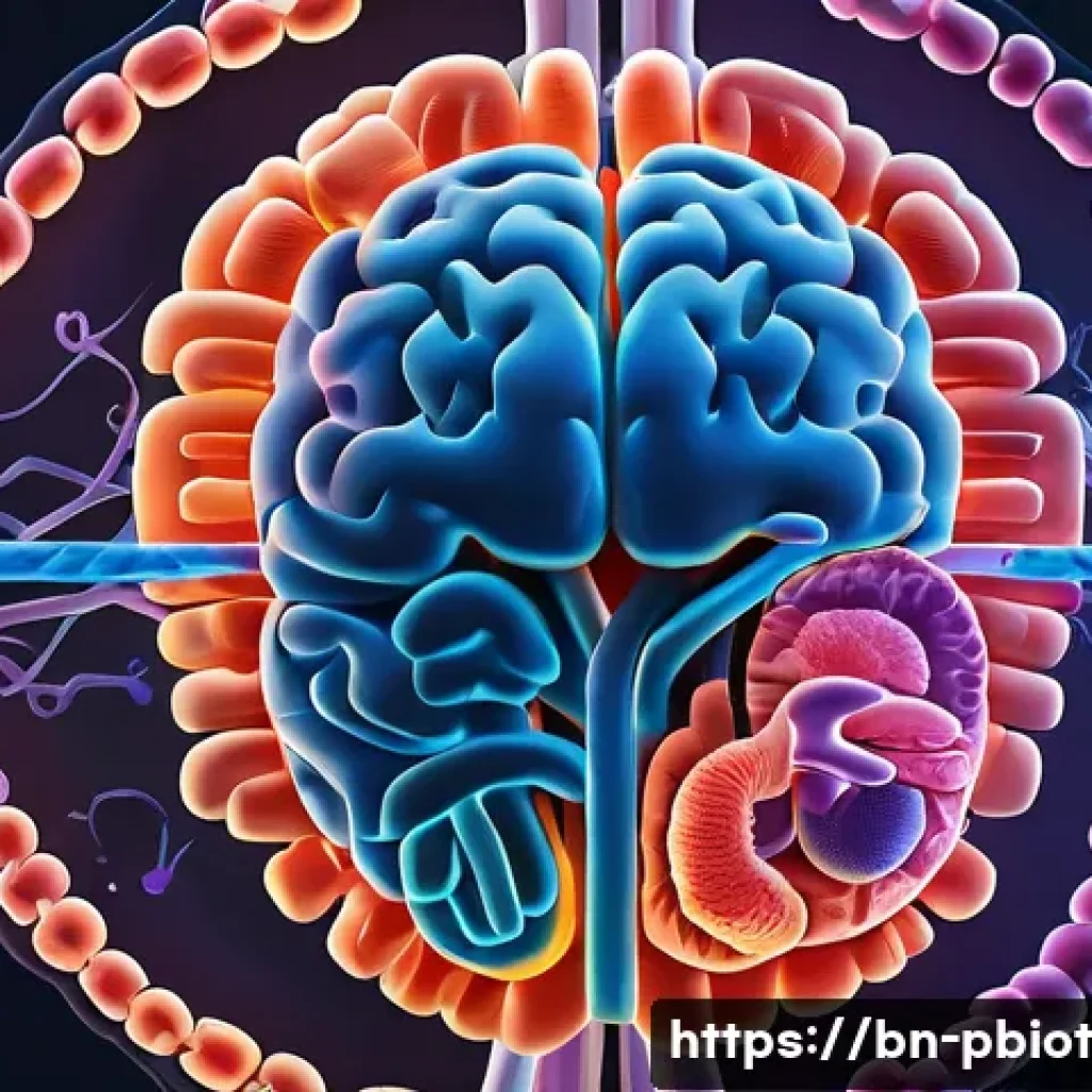 프로바이오틱스와 심리적 안정의 관계 - A detailed, vibrant illustration of the gut-brain axis showing a symbolic connection between the hum...