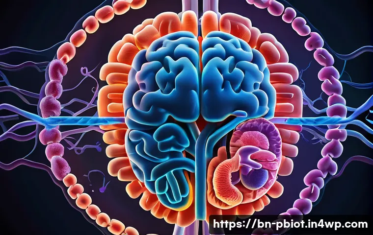 프로바이오틱스와 심리적 안정의 관계 - A detailed, vibrant illustration of the gut-brain axis showing a symbolic connection between the hum...
