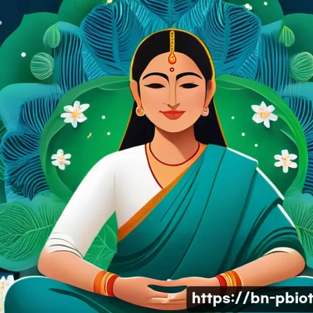프로바이오틱스와 여성 건강의 상관관계 - A detailed, vibrant illustration of a healthy Bengali woman in traditional attire sitting peacefully...