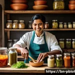 비건을 위한 프로바이오틱스 음식 추천 - A vibrant and detailed kitchen scene showcasing a Bengali home cook preparing traditional fermented ...