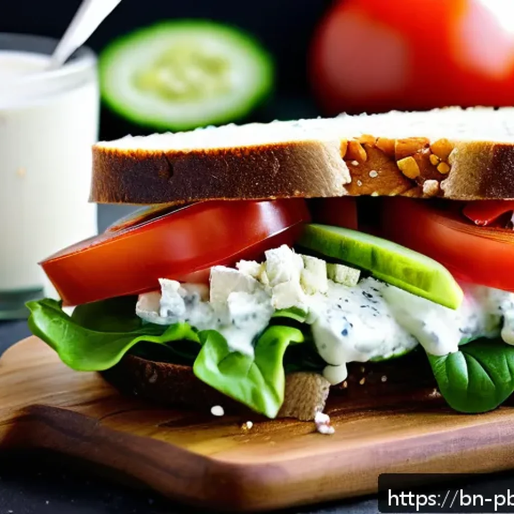 프로바이오틱스가 풍부한 간편식 - A vibrant and appetizing close-up of a homemade probiotic sandwich made with fermented sourdough bre...