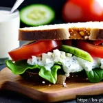 프로바이오틱스가 풍부한 간편식 - A vibrant and appetizing close-up of a homemade probiotic sandwich made with fermented sourdough bre...