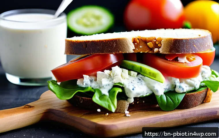 프로바이오틱스가 풍부한 간편식 - A vibrant and appetizing close-up of a homemade probiotic sandwich made with fermented sourdough bre...