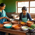 프로바이오틱스 음식 및 보충제 차이점 - A vibrant kitchen scene showcasing a Bengali family preparing traditional probiotic-rich foods like ...