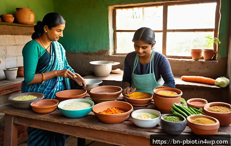프로바이오틱스 음식 및 보충제 차이점 - A vibrant kitchen scene showcasing a Bengali family preparing traditional probiotic-rich foods like ...