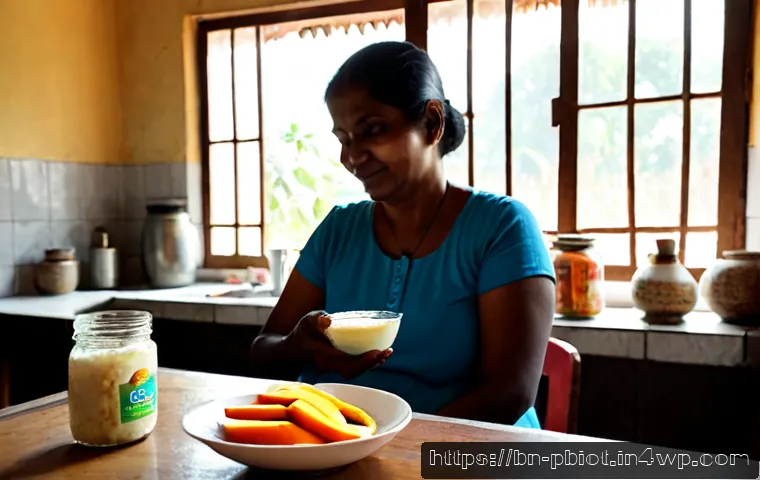 프로바이오틱스 음식으로 소화불량 해결하기 - Photorealistic morning kitchen scene in a Bengali home, a middle-aged South Asian woman comfortably ...